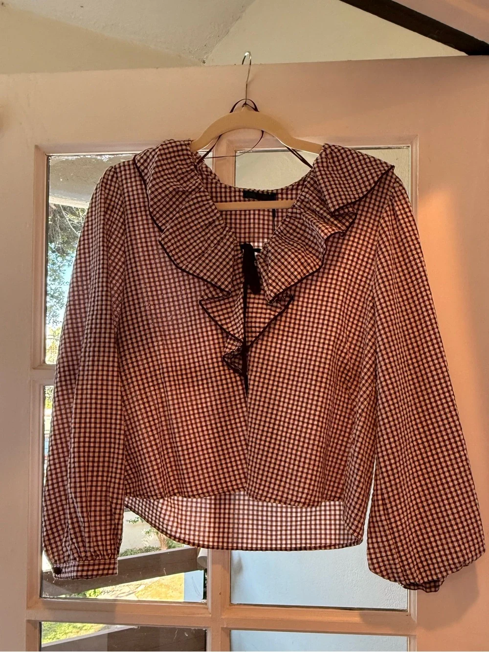 Ruffled Gingham Tie-Front Blouse - Red/White